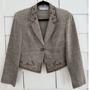VTG Platinum Dorothy Schoelen 8 Petite Embroidered Linen Blazer Western Artisan